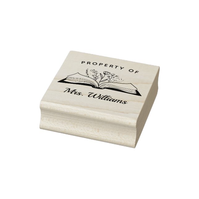 Property Of Custom Teacher Name Opened Book Flower Rubber Stamp (Stamp)