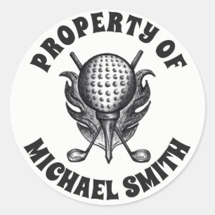 PROPERTY OF Golf Ball Tee Clubs Personalized Classic Round Sticker