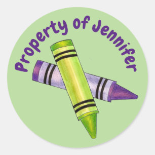 Property of Personalized Green Purple Crayon Classic Round Sticker