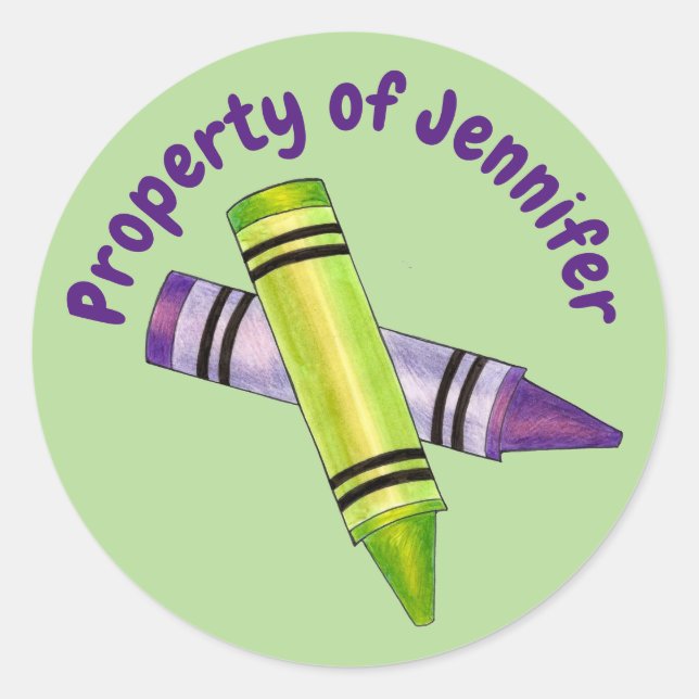 Property of Personalized Green Purple Crayon Classic Round Sticker (Front)