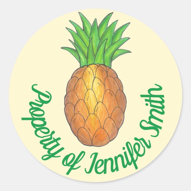 PROPERTY OF Personalized Tropical Pineapple Fruit Classic Round Sticker (Front)