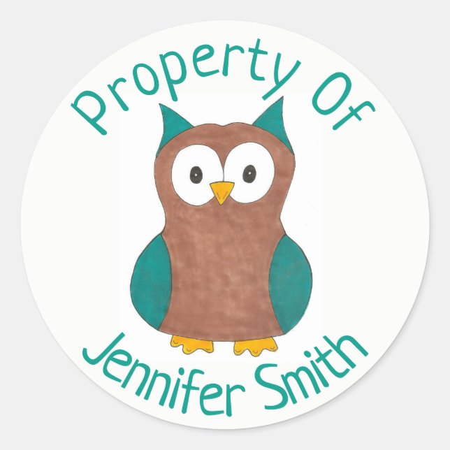 Property of Personalized Wise Brown Owl Bird Classic Round Sticker (Front)