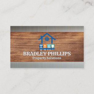 Property Repair Tools Logo   Wood Grain   Metal Business Card