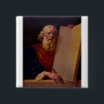 Prophet Moses on Mount Sinai – High-Fidelity Epic  2 Inch Square Button<br><div class="desc">Add majesty to your interior with this high-fidelity color reproduction of Moses and the Tablets of Testimony. The artwork masterfully captures the contrast between the harsh desert wilderness and the supernatural glow of the Divine Presence. The composition focuses on the prophet’s resolute eyes and the stone slabs that symbolize the...</div>