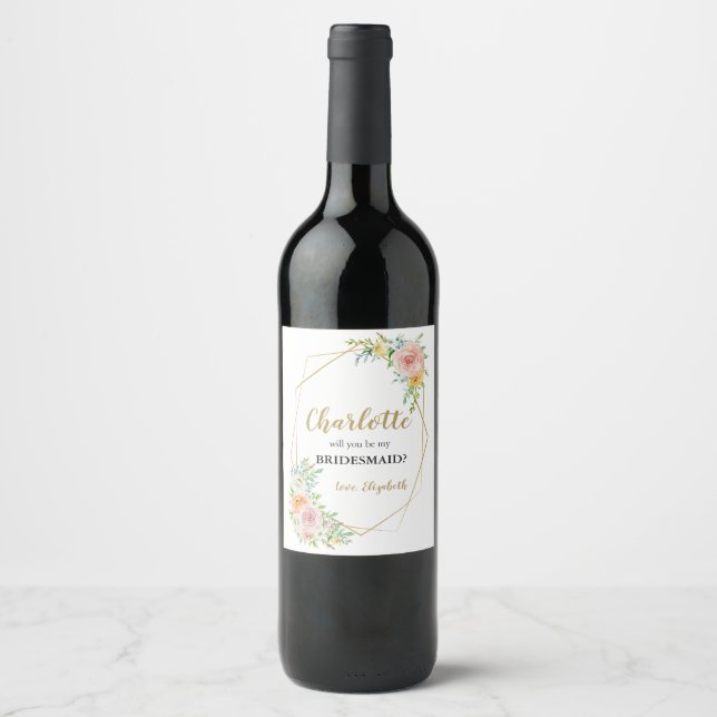 Proposition Bridesmaid étiquette de vin or floral (Devant)