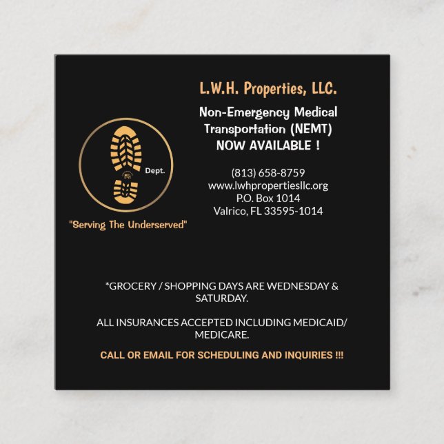 Propriétés de L.W.H., carte d'appel LLC (Devant)