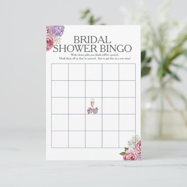 Prosecco florals Bridal Shower Bingo game Invitation (Standing Front)