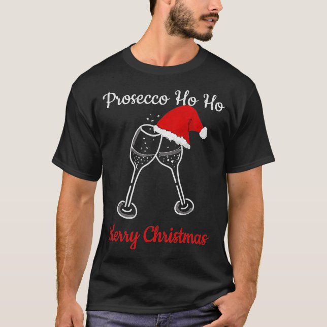 Prosecco Ho Ho Christmas Party Santa Hat Champagne T-Shirt (Front)