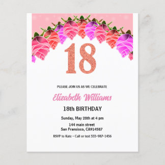 Prospectus 11,4 Cm X 14,2 Cm 18e anniversaire Floral Rose Gold Invitation