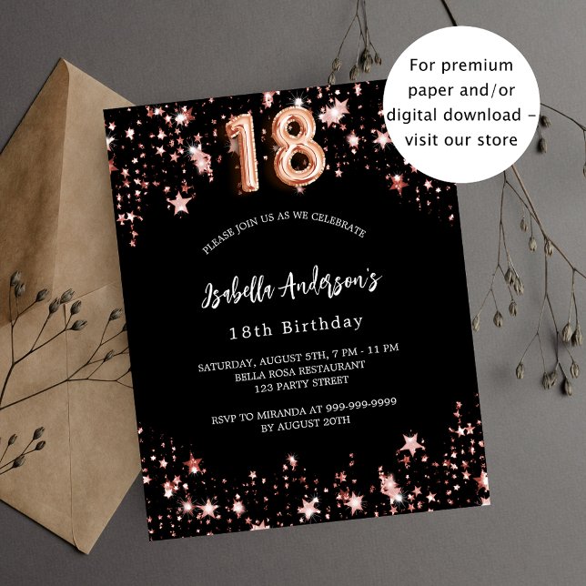 Prospectus 11,4 Cm X 14,2 Cm 18e anniversaire noir rose étoiles invitation budg (Créateur téléchargé)
