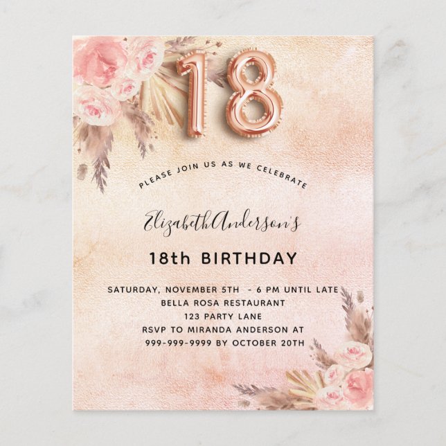 Prospectus 11,4 Cm X 14,2 Cm 18e anniversaire pampas herbe rose invitation budg (Devant)