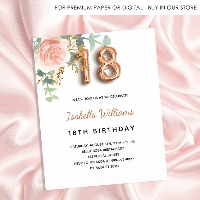 Prospectus 11,4 Cm X 14,2 Cm 18e anniversaire rose or fleuri invitation budget (Créateur téléchargé)