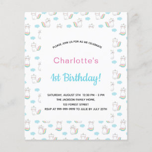 Prospectus 11,4 Cm X 14,2 Cm 1er Anniversaire fille chat unicorn rose bleu budg