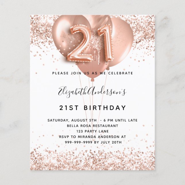 Prospectus 11,4 Cm X 14,2 Cm 21e anniversaire rose or ballons budget blanc (Devant)