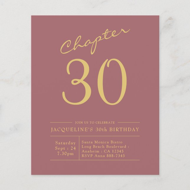 Prospectus 11,4 Cm X 14,2 Cm 30e anniversaire Gold Pink budget Invitation (Devant)