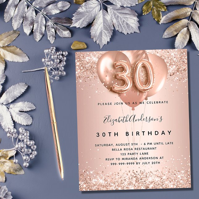 Prospectus 11,4 Cm X 14,2 Cm 30e anniversaire rose or ballons invitation budget (Créateur téléchargé)