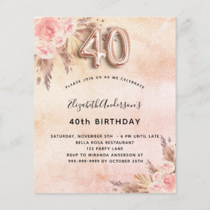 Prospectus 11,4 Cm X 14,2 Cm 40e anniversaire pampas herbe rose invitation budg