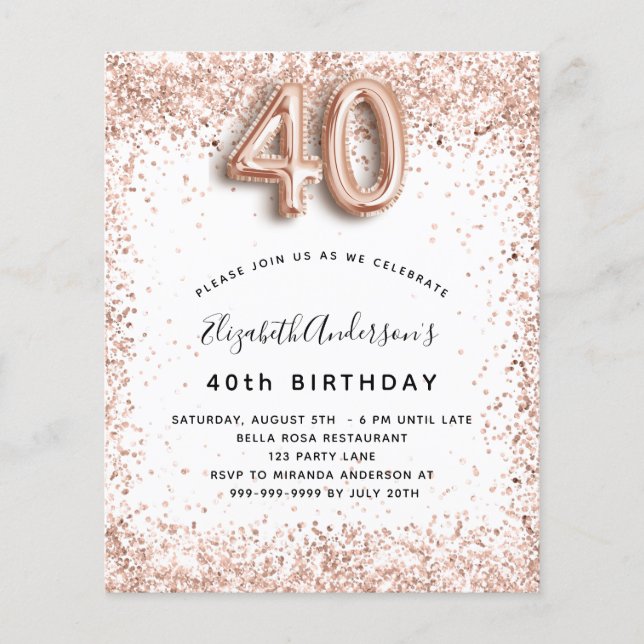 Prospectus 11,4 Cm X 14,2 Cm 40e anniversaire rose or blanc budget invitation (Devant)