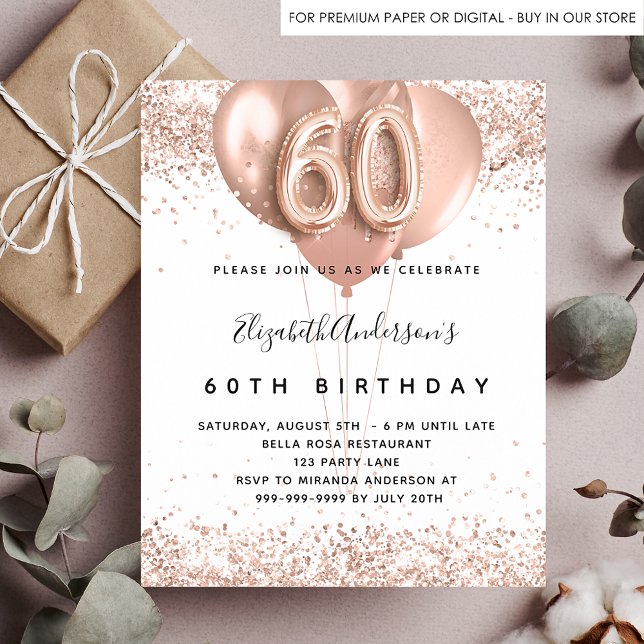 Prospectus 11,4 Cm X 14,2 Cm 60e anniversaire rose or ballons invitation budget (Créateur téléchargé)