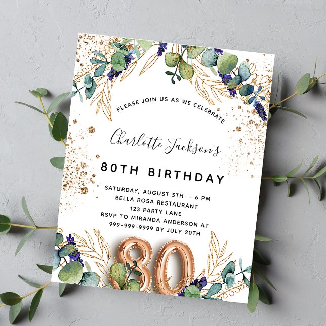 Prospectus 11,4 Cm X 14,2 Cm 80e anniversaire eucalyptus invitation budgétaire (Créateur téléchargé)