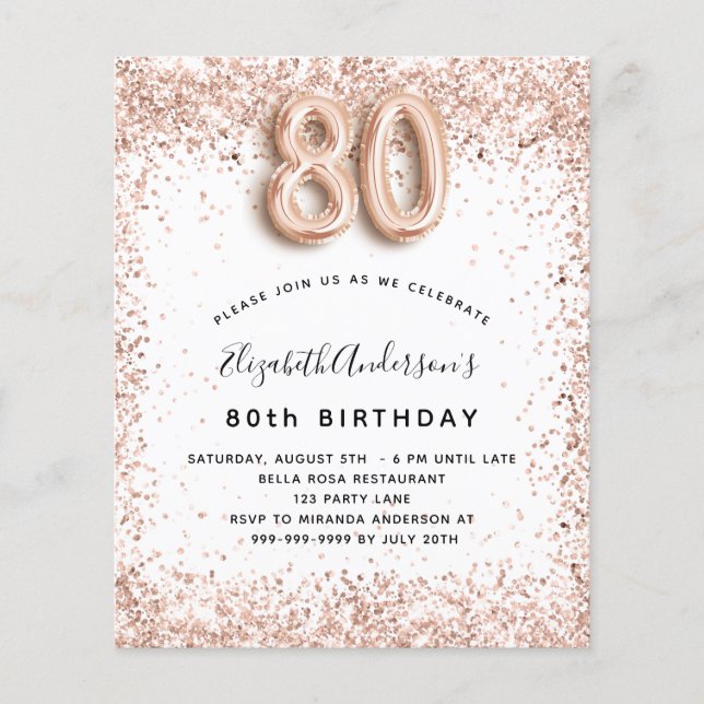 Prospectus 11,4 Cm X 14,2 Cm 80e anniversaire rose or blanc budget invitation (Devant)