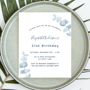 Prospectus 11,4 Cm X 14,2 Cm Anniversaire blanc bleu eucalyptus invitation budg