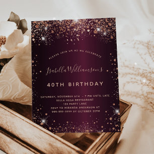 Prospectus 11,4 Cm X 14,2 Cm Anniversaire Bourgogne rose or budget invitation