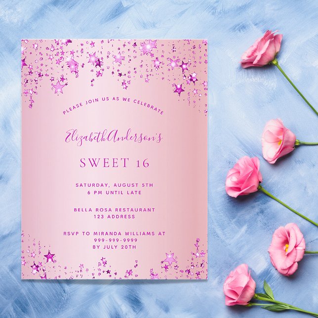Prospectus 11,4 Cm X 14,2 Cm Anniversaire fête rose étoiles invitation budget (Créateur téléchargé)