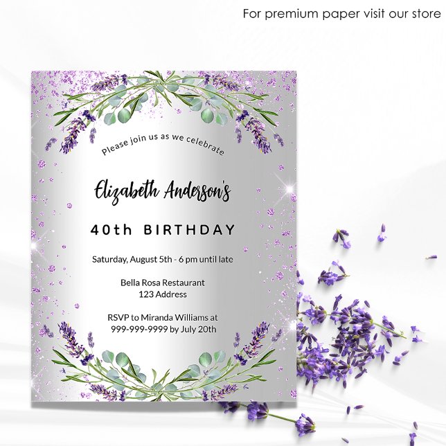 Prospectus 11,4 Cm X 14,2 Cm Anniversaire lavande argent invitation budget (Créateur téléchargé)