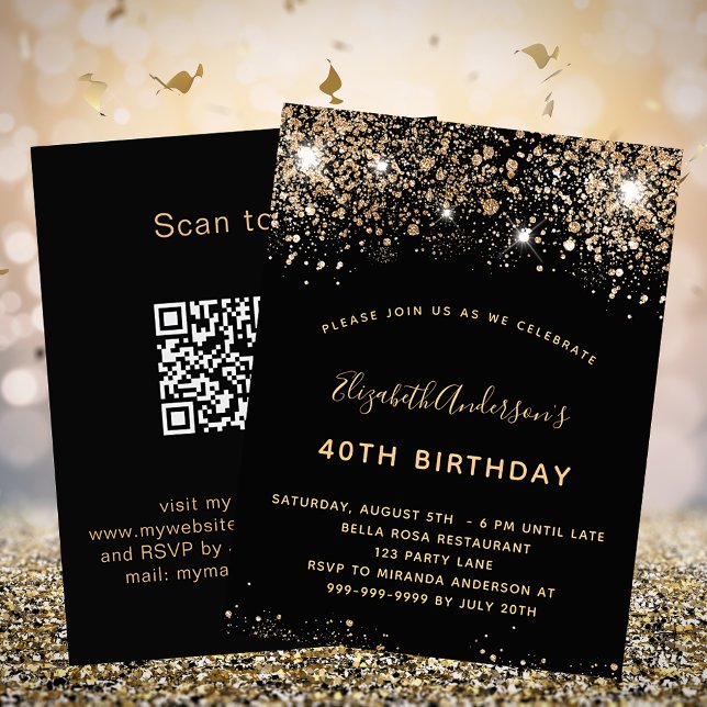 Prospectus 11,4 Cm X 14,2 Cm Anniversaire Noir Code QR Budget RSVP Invitation (Créateur téléchargé)