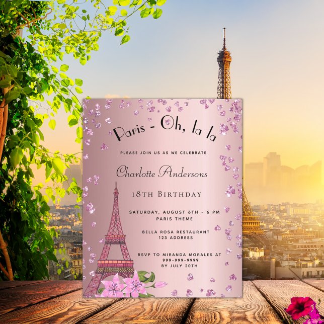 Prospectus 11,4 Cm X 14,2 Cm Anniversaire Paris rose vif Eiffel invitation budg (Créateur téléchargé)