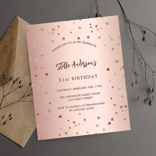 Prospectus 11,4 Cm X 14,2 Cm Anniversaire rose or étoiles budget fête invitatio (Créateur téléchargé)