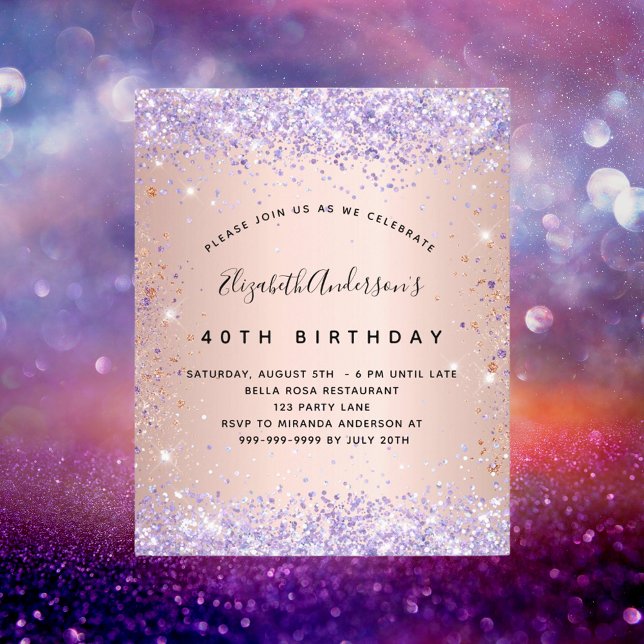 Prospectus 11,4 Cm X 14,2 Cm Anniversaire rose or lavande invitation budgétaire (Créateur téléchargé)