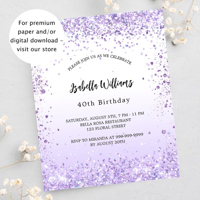 Prospectus 11,4 Cm X 14,2 Cm Anniversaire violet lavande invitation budget (Créateur téléchargé)