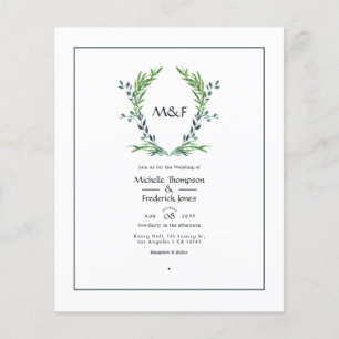 Prospectus 11,4 Cm X 14,2 Cm Aquarelle Verdure Laurel Crest Monogramme Mariage