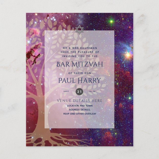 Prospectus 11,4 Cm X 14,2 Cm Arbre de vie Galaxy BAR Bleu MITZVAH Invitations (Devant)