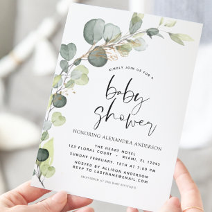 Prospectus 11,4 Cm X 14,2 Cm Baby shower Budget Vert Eucalyptus Invitations