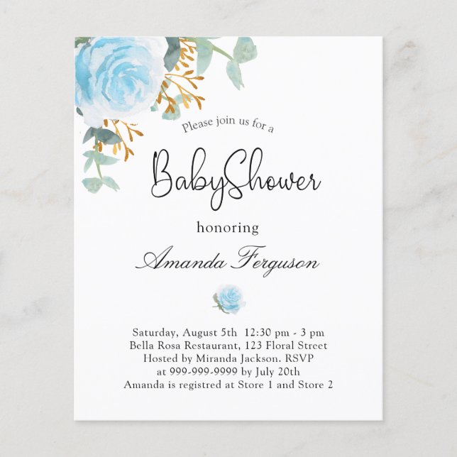 Prospectus 11,4 Cm X 14,2 Cm Baby shower garçon bleu floral invitation budgétai (Devant)