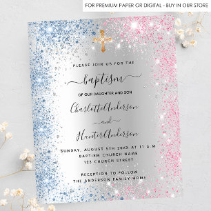 Prospectus 11,4 Cm X 14,2 Cm Baptême argent bleu rose jumeaux garçon fille invi
