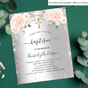 Prospectus 11,4 Cm X 14,2 Cm Baptême fille argent rose floral parties scintilla