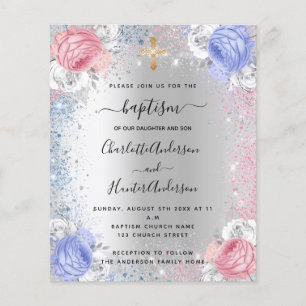 Prospectus 11,4 Cm X 14,2 Cm Baptême garçon fille bleu rose argent invitation