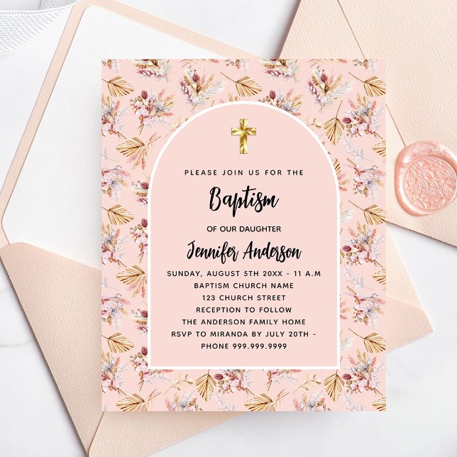 Prospectus 11,4 Cm X 14,2 Cm Baptême pampas floraux rose invitation budgétaire (Créateur téléchargé)