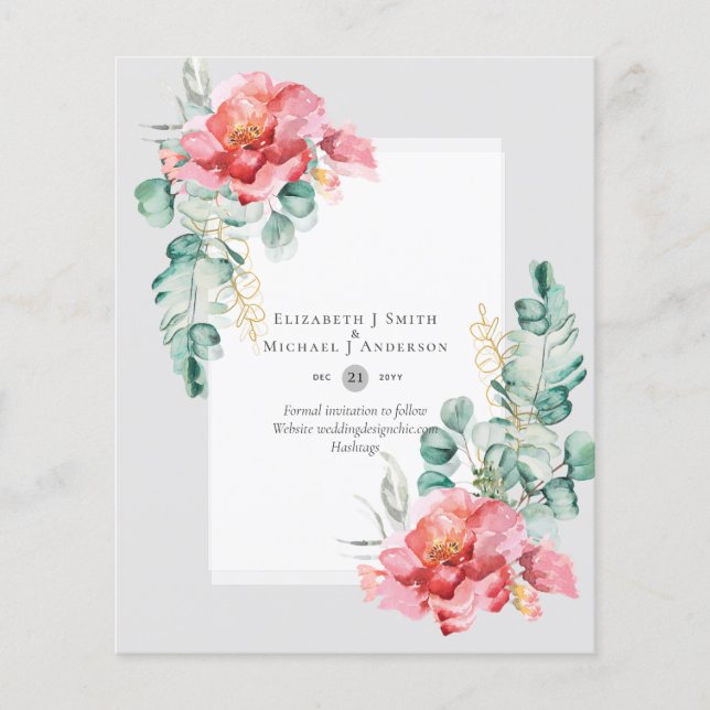 Prospectus 11,4 Cm X 14,2 Cm BAS BUDGET Roses blanches SAUVER LES DATES Moderne (Devant)