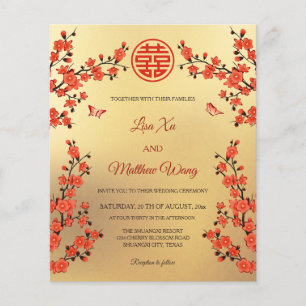 Prospectus 11,4 Cm X 14,2 Cm BILINGUE Fleur de cerisier rouge   Mariage chinois