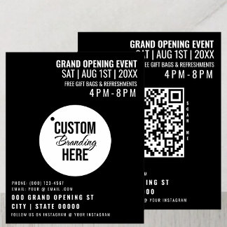 Prospectus 11,4 Cm X 14,2 Cm Black Grand Ouverture Flyer Business Logo & QR Cod