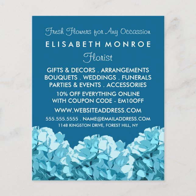 Prospectus 11,4 Cm X 14,2 Cm Blue Hydrangea, publicité fleuriste (Devant)