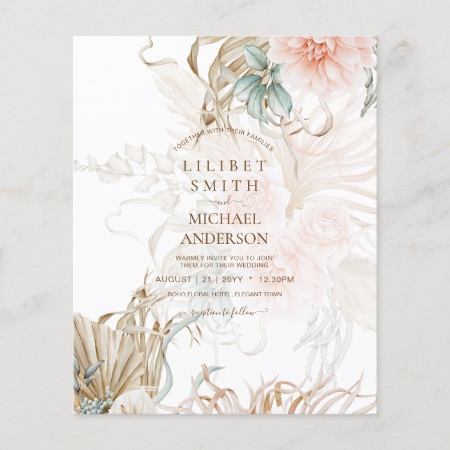 Prospectus 11,4 Cm X 14,2 Cm BOHO Pampas Grass Floral Coral Sage Mariage (Devant)