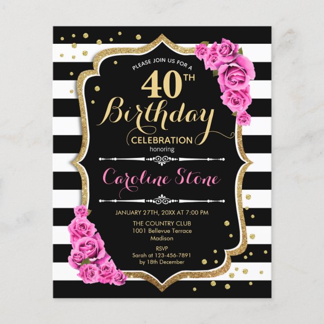 Prospectus 11,4 Cm X 14,2 Cm Budget 40e anniversaire Invitation rose noir blanc (Devant)