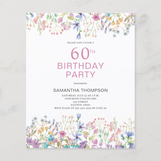 Prospectus 11,4 Cm X 14,2 Cm Budget 60e anniversaire Invitation florale rose (Devant)