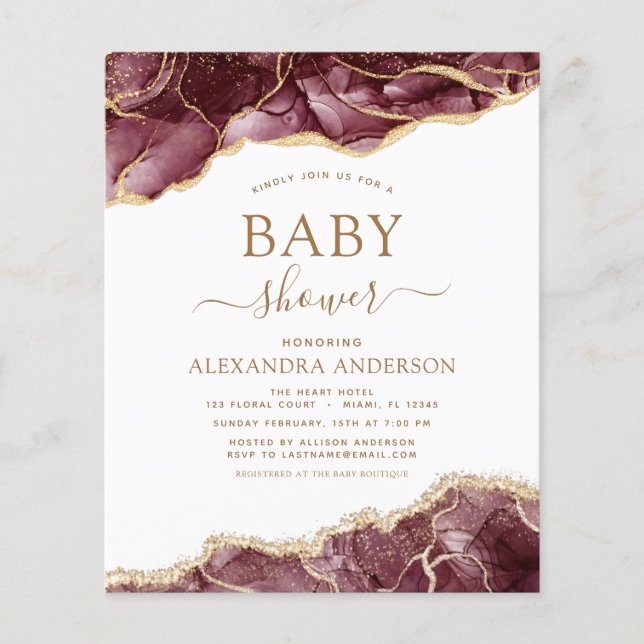 Prospectus 11,4 Cm X 14,2 Cm Budget Agate Bourgogne Baby shower Gold Invitation (Devant)